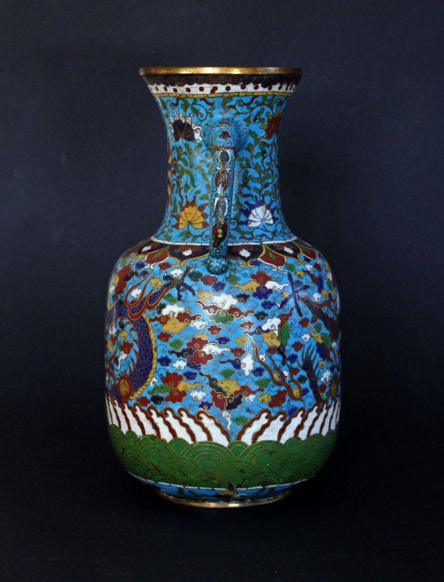 Large Antique Chinese Cloisonne Vase Dragons Jiaqing Period-photo-3