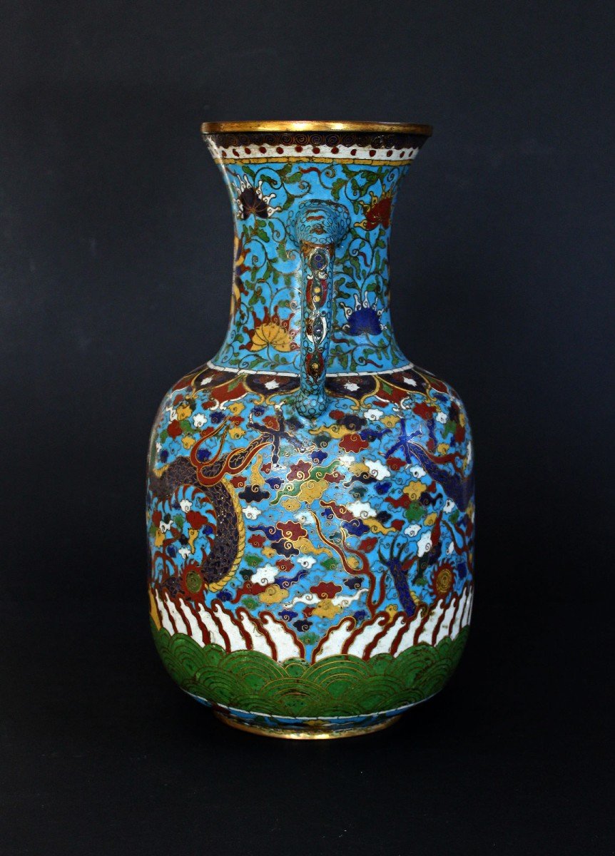 Large Antique Chinese Cloisonne Vase Dragons Jiaqing Period-photo-1