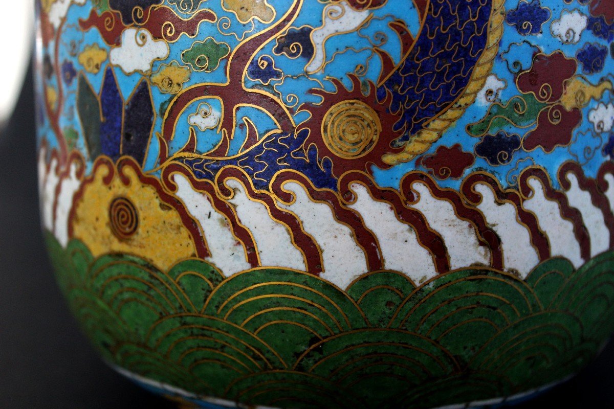 Large Antique Chinese Cloisonne Vase Dragons Jiaqing Period-photo-4