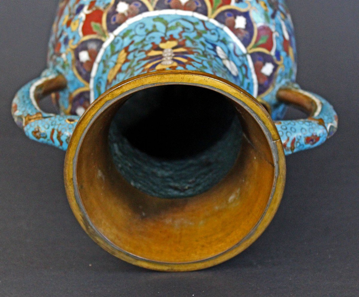Large Antique Chinese Cloisonne Vase Dragons Jiaqing Period-photo-5
