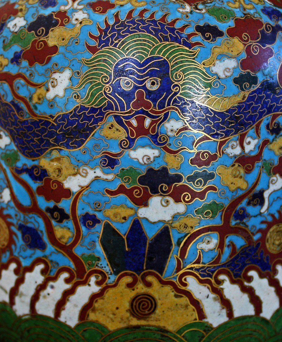 Grand Vase Cloisonné Chinois Antique Dragons Jiaqing Period-photo-7