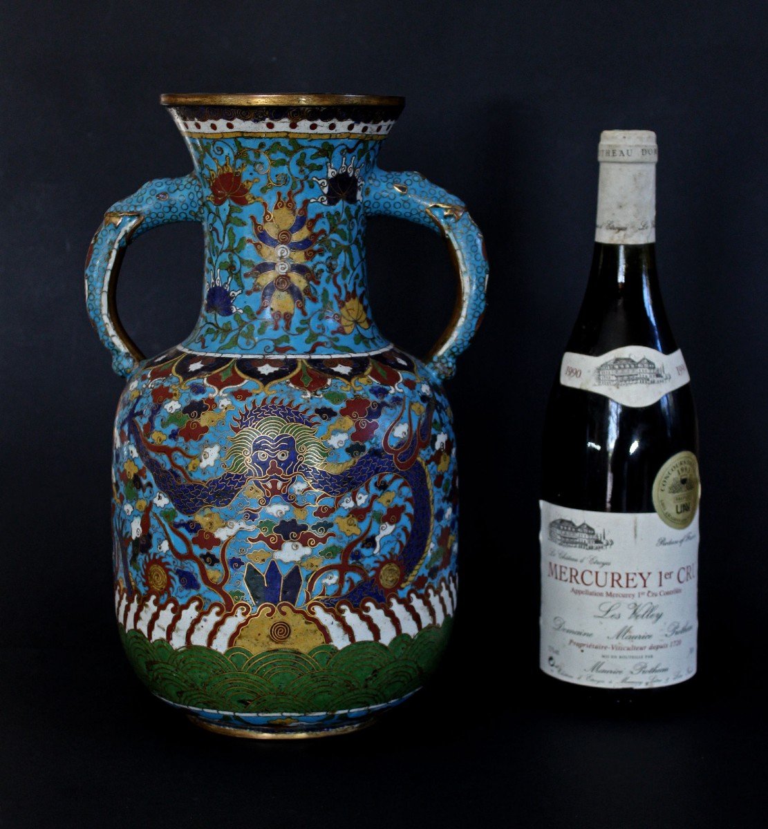 Grand Vase Cloisonné Chinois Antique Dragons Jiaqing Period