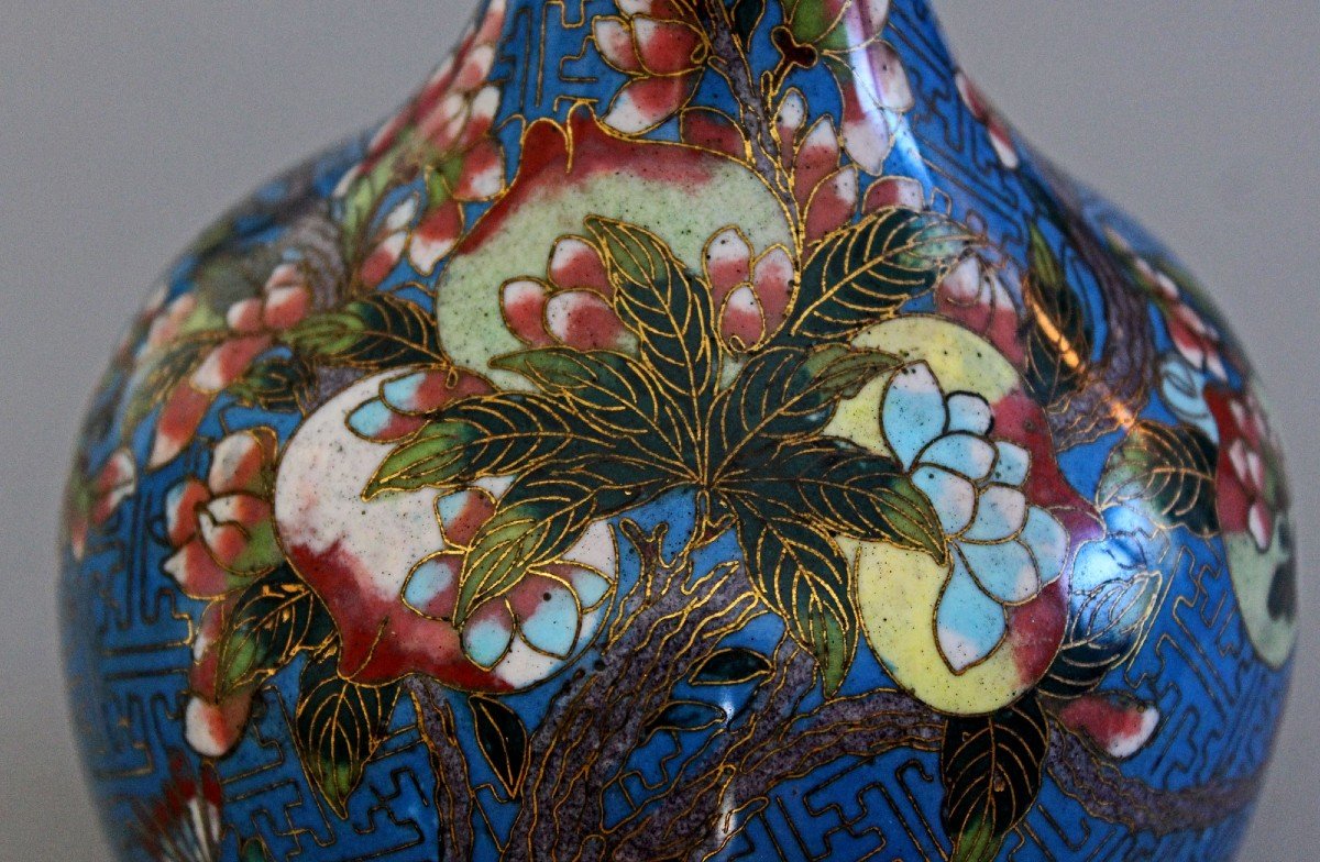 Vase Cloisonné Chinois Antique Pêches Vase Tianqiuping Jiaqing-photo-3