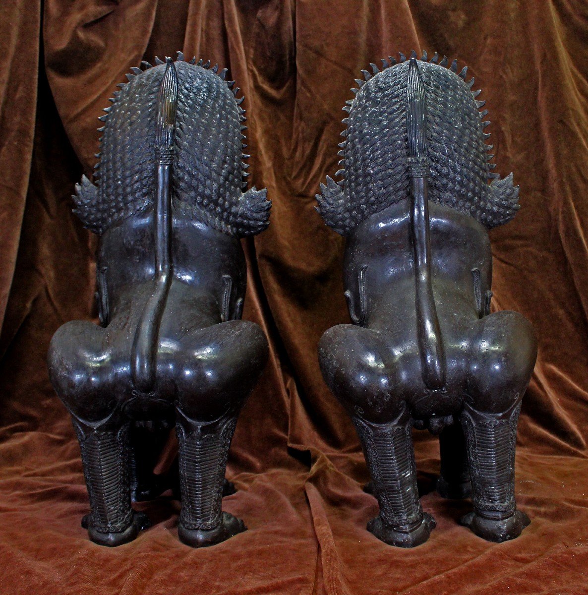 Paire De Lions Monumentaux Antiques En Bronze Thaïlandais Gardiens Du Temple Bouddhiste-photo-4