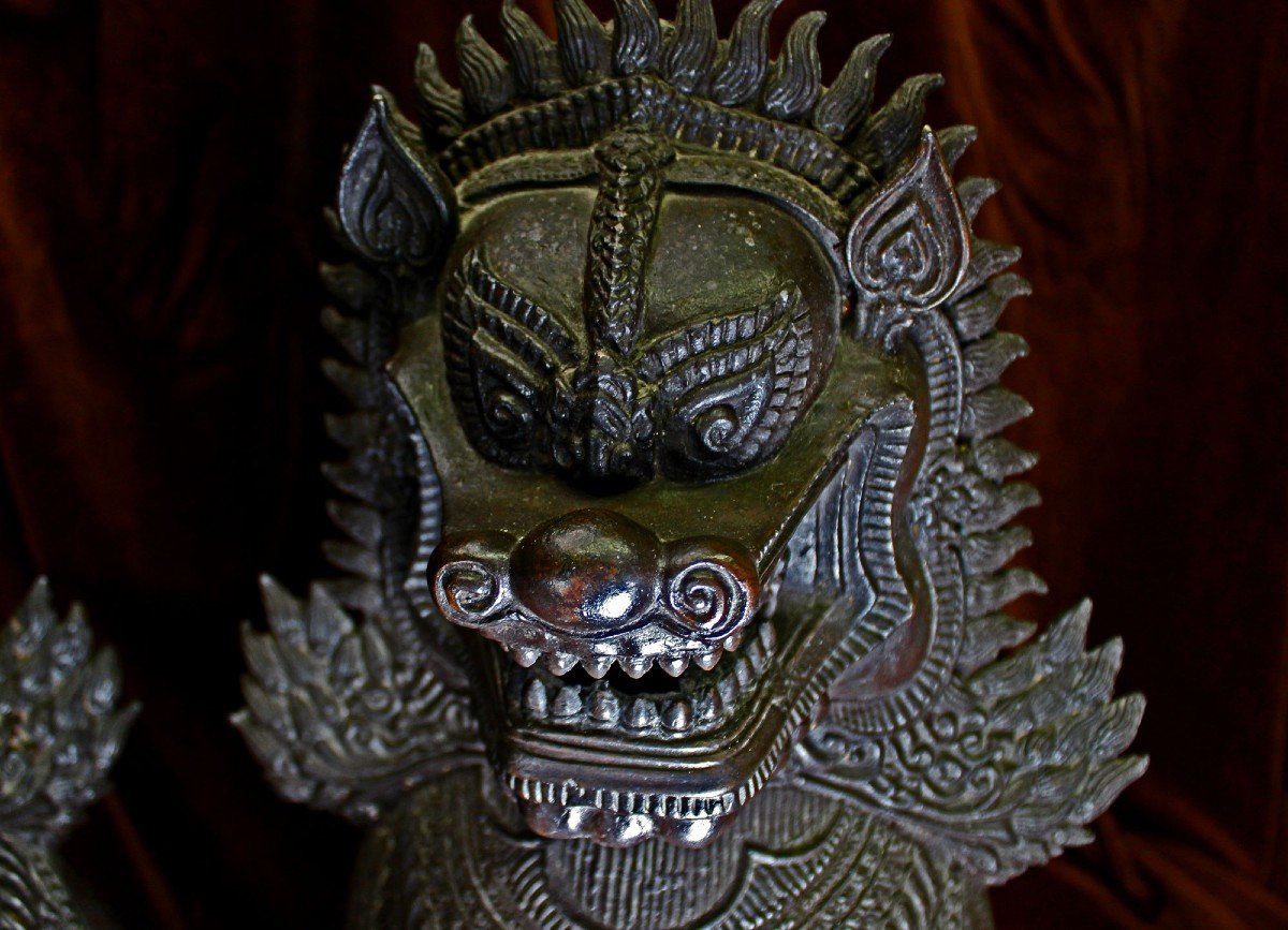 Paire De Lions Monumentaux Antiques En Bronze Thaïlandais Gardiens Du Temple Bouddhiste-photo-3