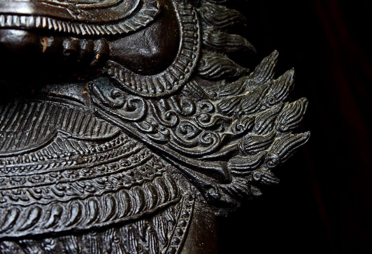 Paire De Lions Monumentaux Antiques En Bronze Thaïlandais Gardiens Du Temple Bouddhiste-photo-5