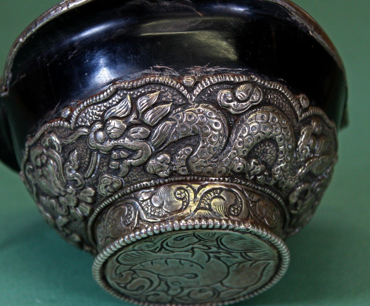 Coupe De Libation rituelle Tibétaine Antique En Argent Et Corne Tibet bouddhiste-photo-2