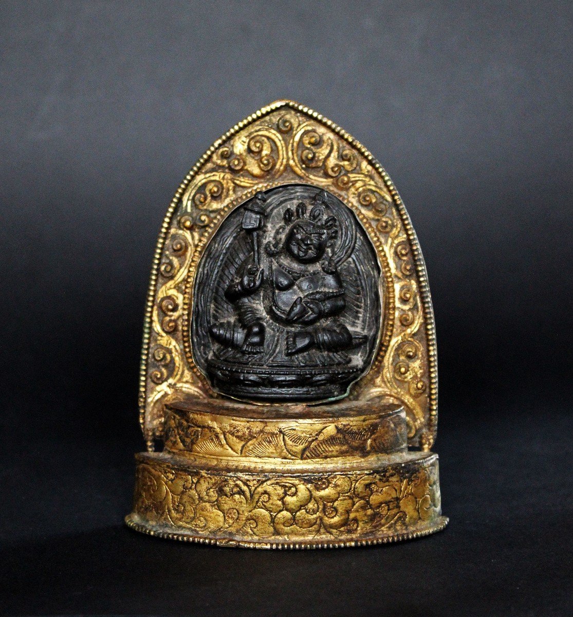 Sculpture Tibétaine Antique Jambhala Noir - Kubera - Dieu De La Richesse