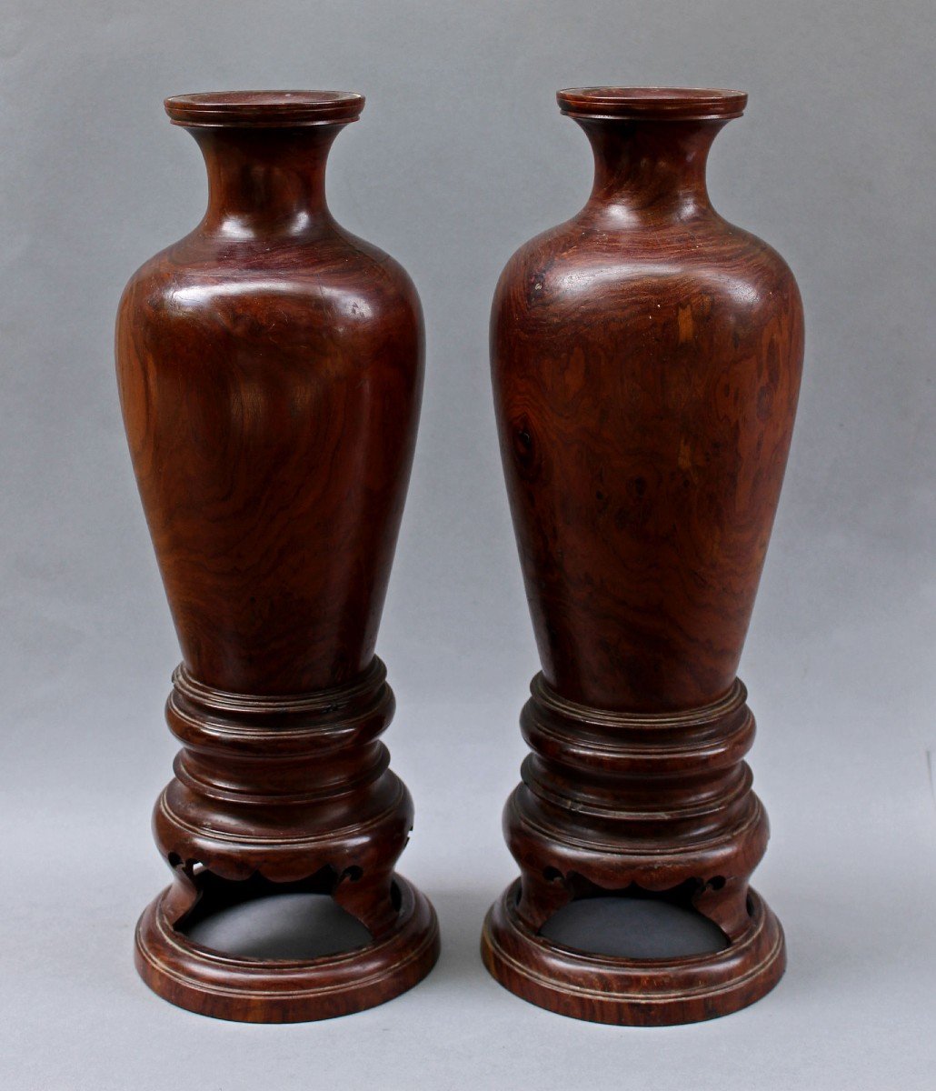 Paire De Vases Chinois Antiques Tournés En Bois De Huanghuali-photo-2