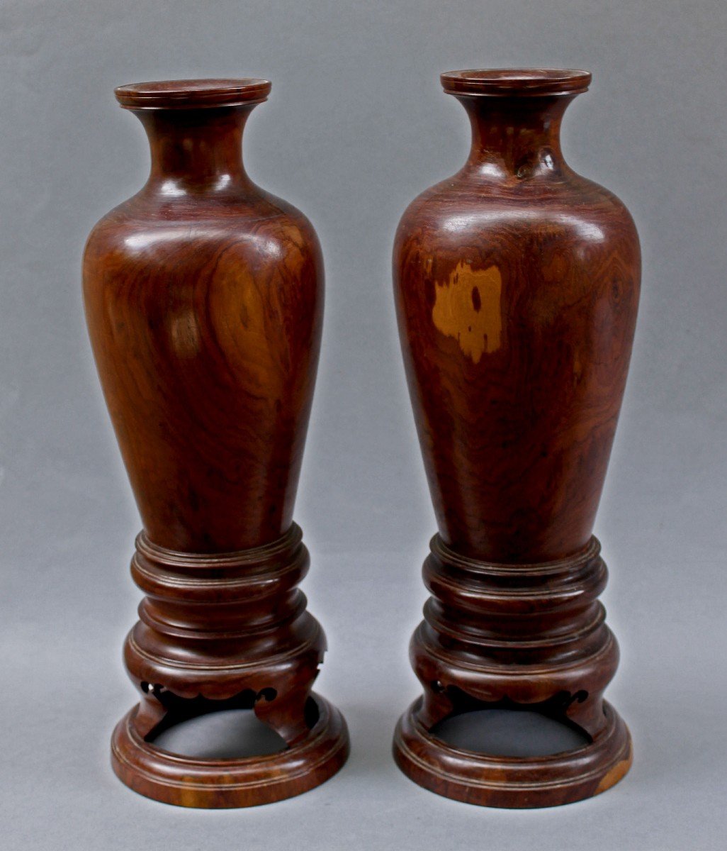 Paire De Vases Chinois Antiques Tournés En Bois De Huanghuali-photo-3