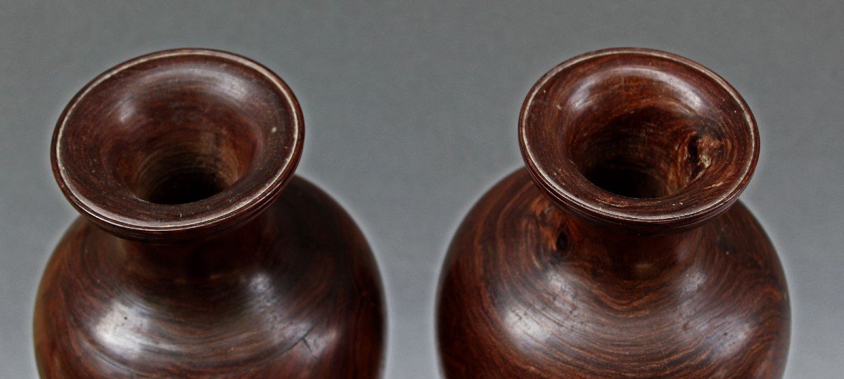 Paire De Vases Chinois Antiques Tournés En Bois De Huanghuali-photo-3