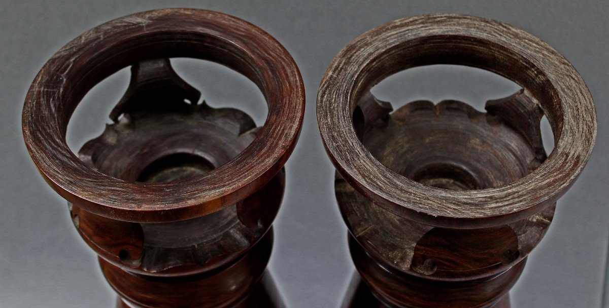 Paire De Vases Chinois Antiques Tournés En Bois De Huanghuali-photo-4