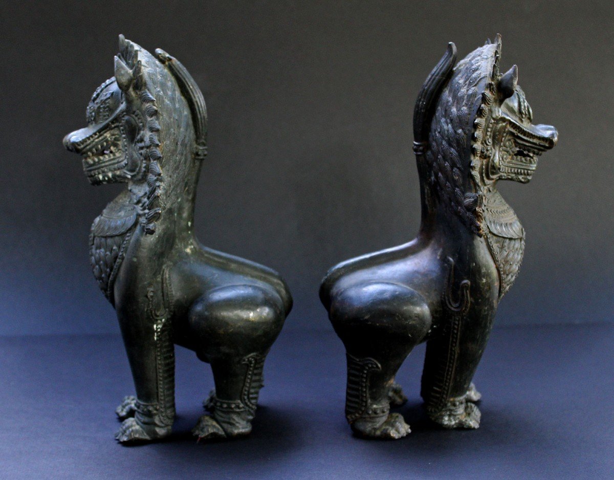 Paire De Lions Antiques En Bronze Thaïlandais Gardiens Du Temple Bouddhiste-photo-3