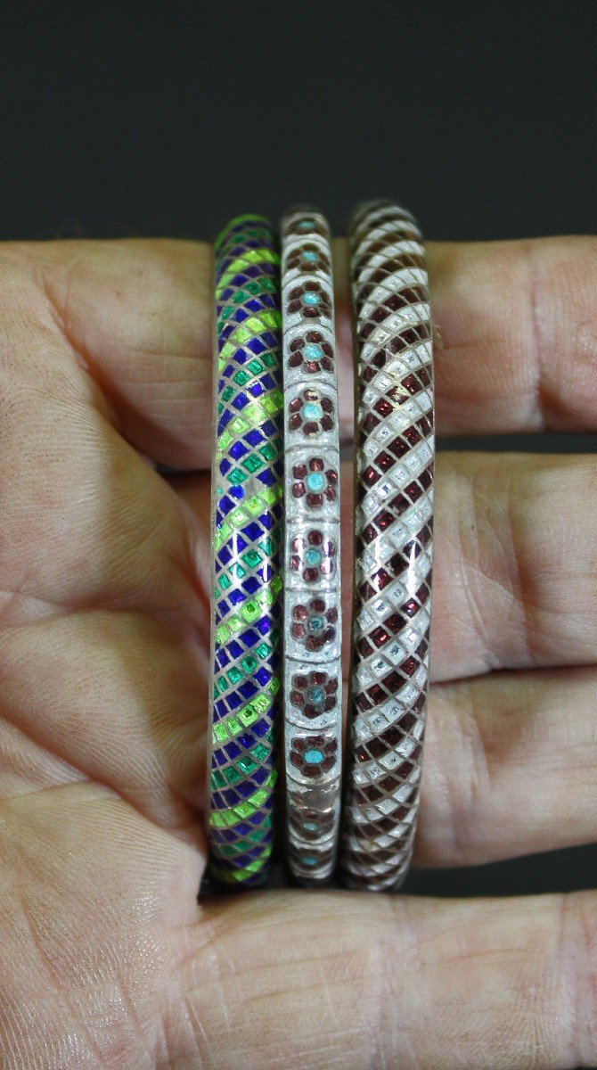 Ensemble De 3 Bracelets Joncs Indiens Antiques En Argent Et En émail Cloisonné Du Cachemire-photo-3