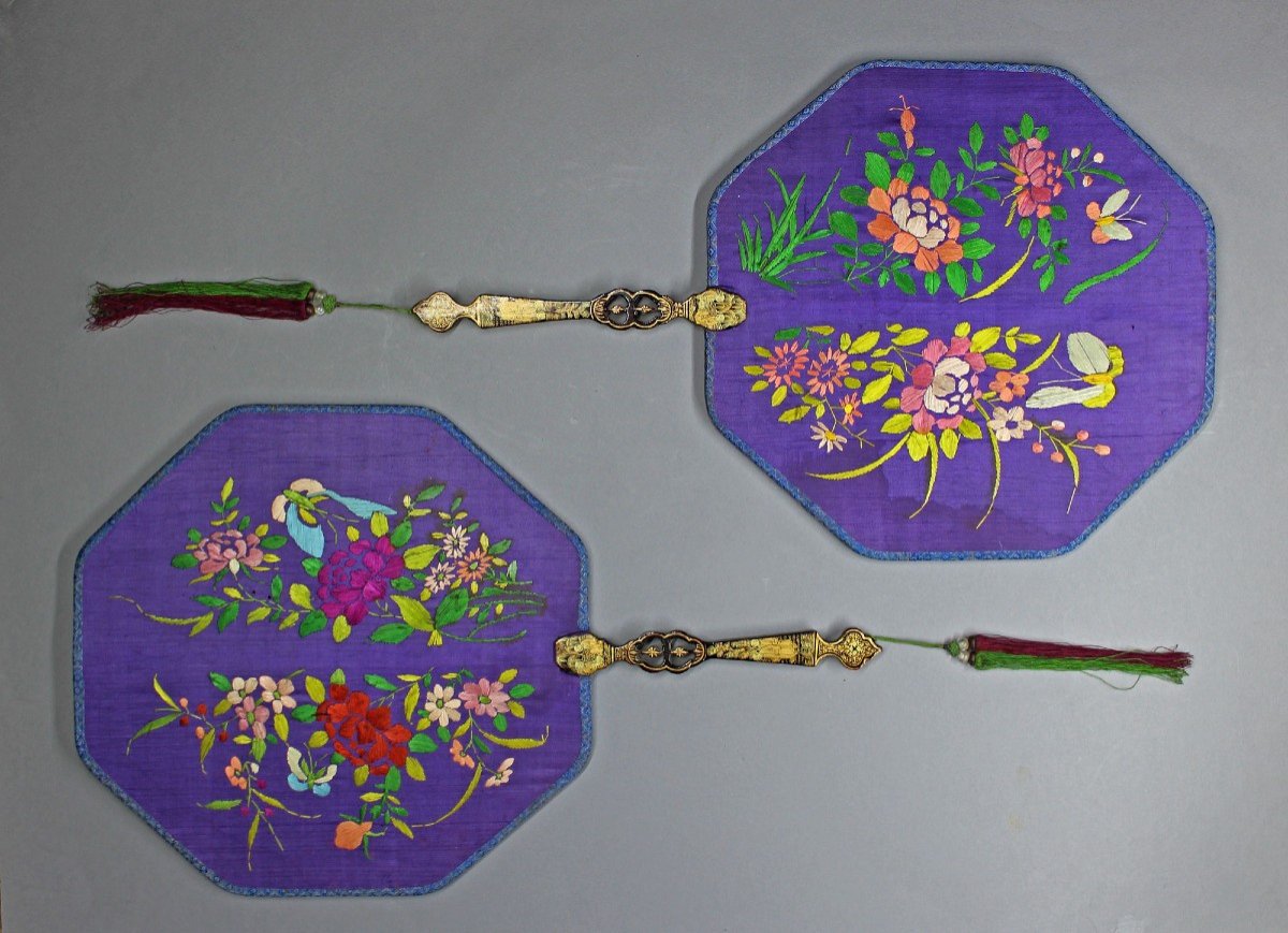 Paire d'éventails Chinois Anciens Soie Brodée Laque Peinte-photo-2