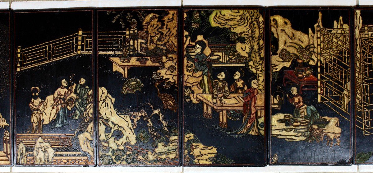 Important Set Of 12 Antique Chinese Coromandel Lacquer Panels, Continuous Panorama.-photo-3