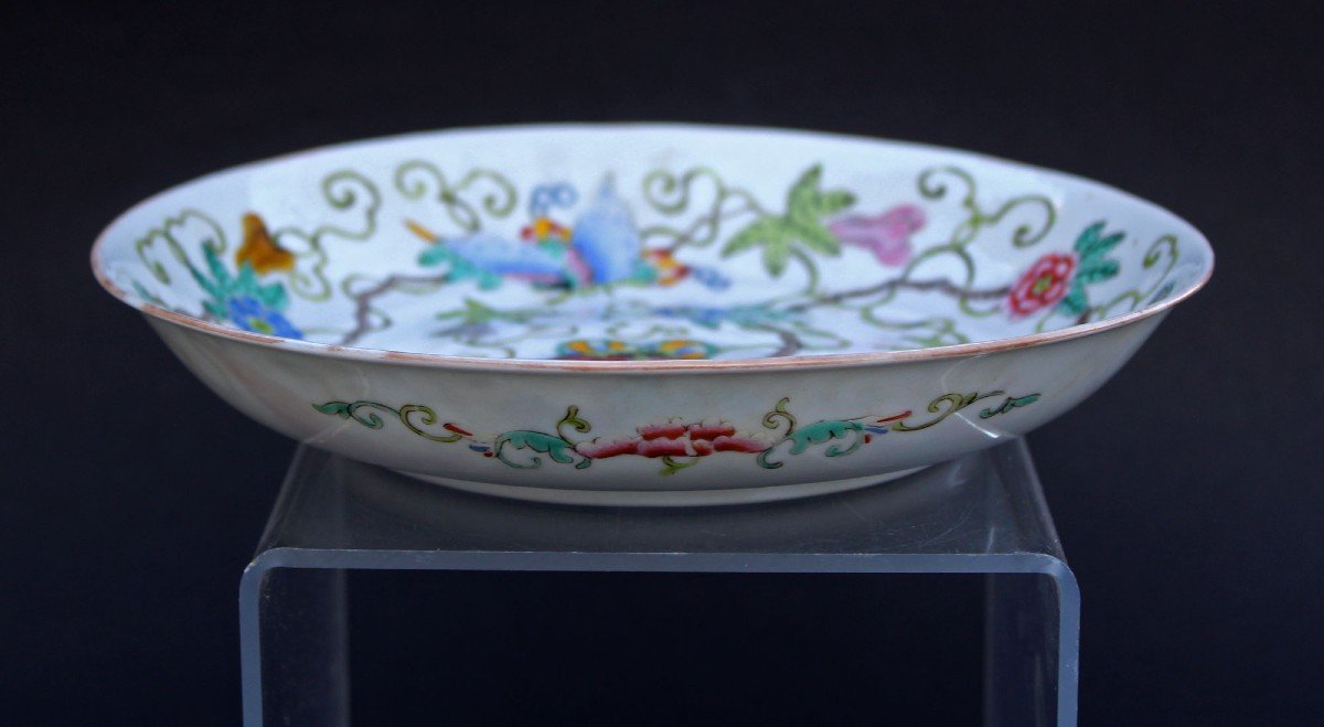 Plat Ancien En Porcelaine Chinoise, Papillons, Marque Qianlong.-photo-2