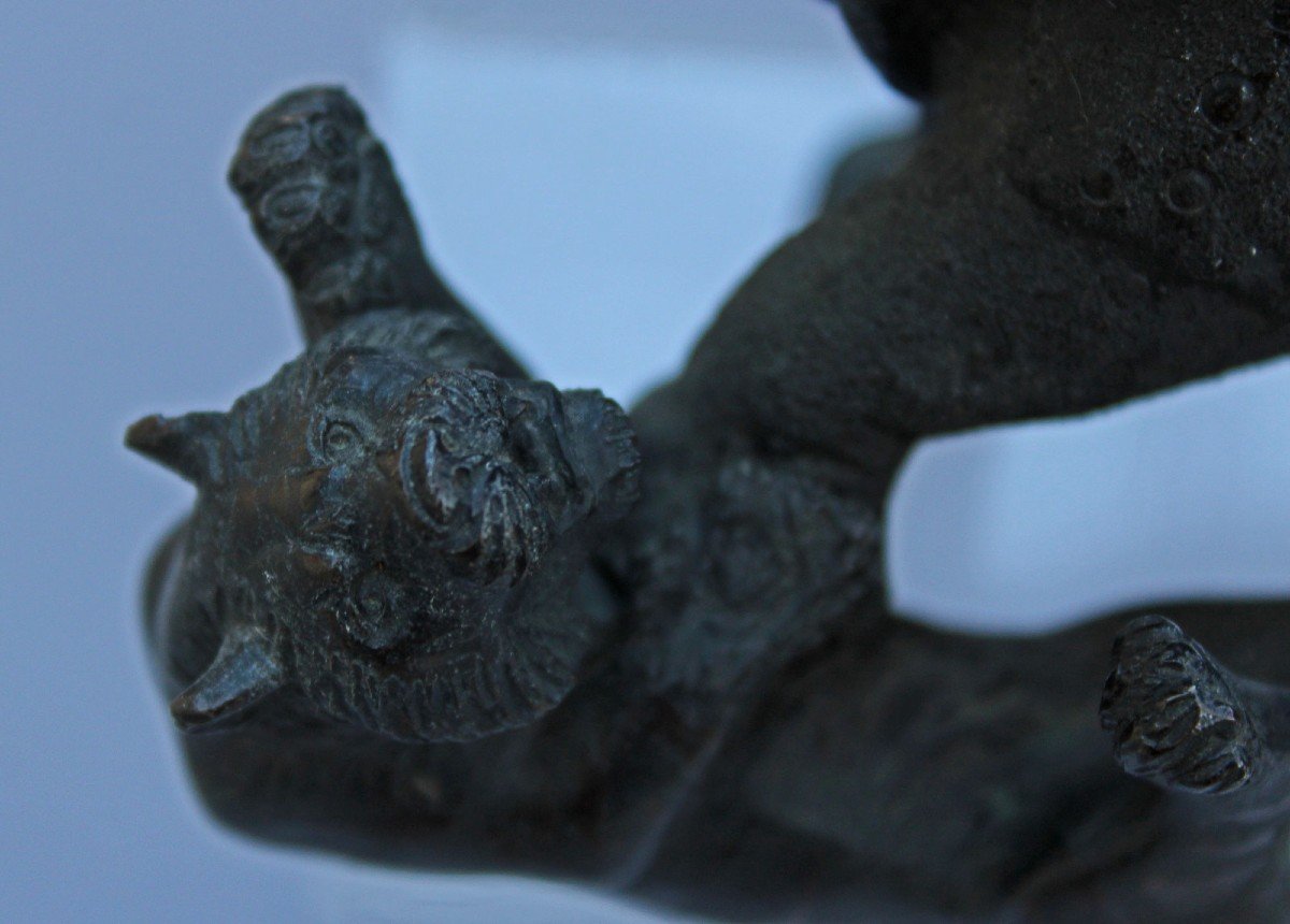Antique Japanese Bronze Sculpture Rhinoceros Attacked By Tigers. Signed Seiya . Meiji.-photo-3