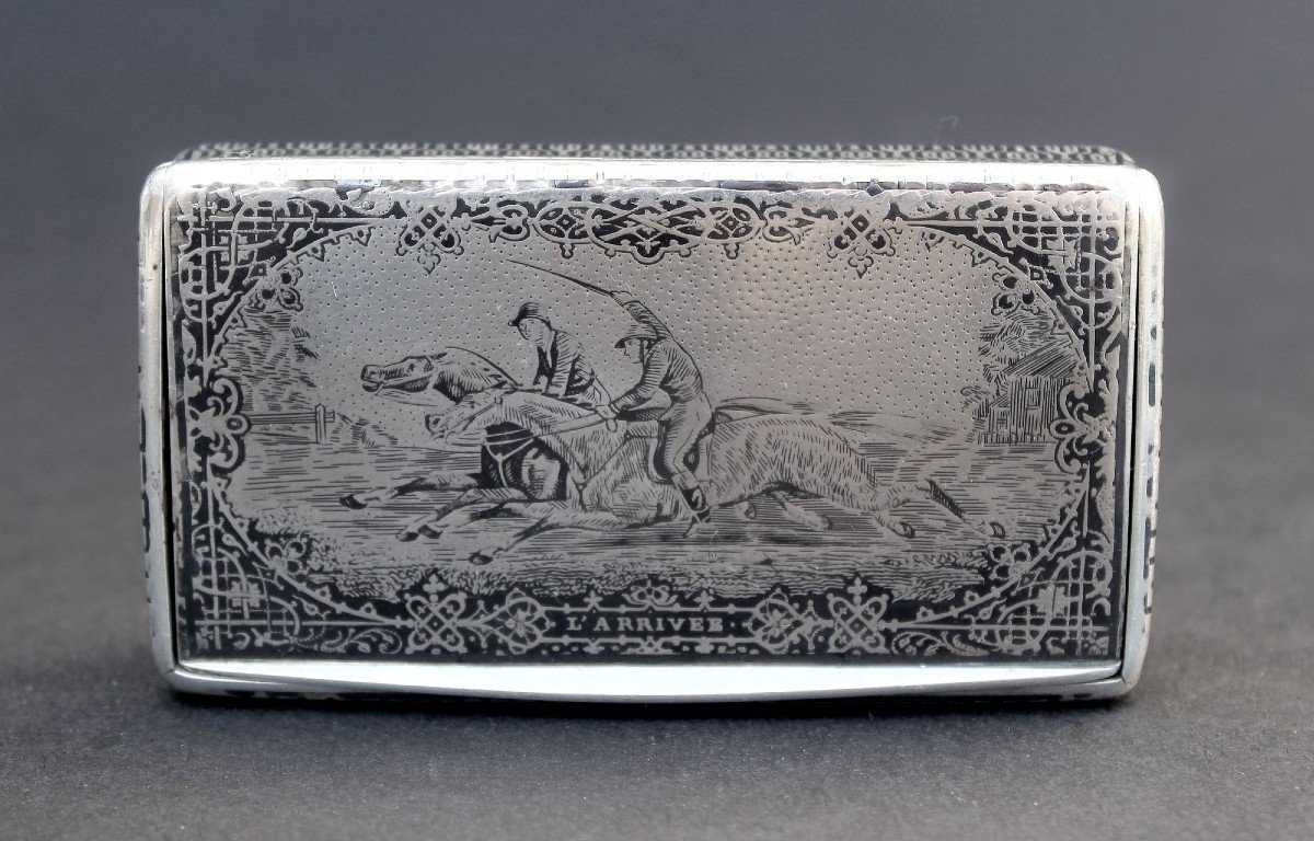 Antique Snuffbox Silver Niello Horse Racing The Finish Line