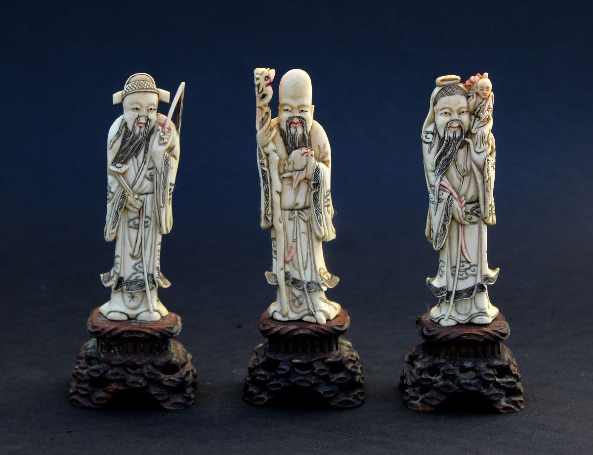 Ensemble Des 3 Dieux Des étoiles Chinois Astrologie Et Mythologie Ivoire Sculpté XIXe San XIng