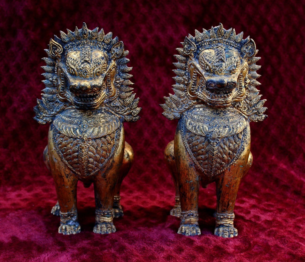 Paire De Lions Antiques En Bronze Thaïlandais Gardiens Du Temple Bouddhiste-photo-2