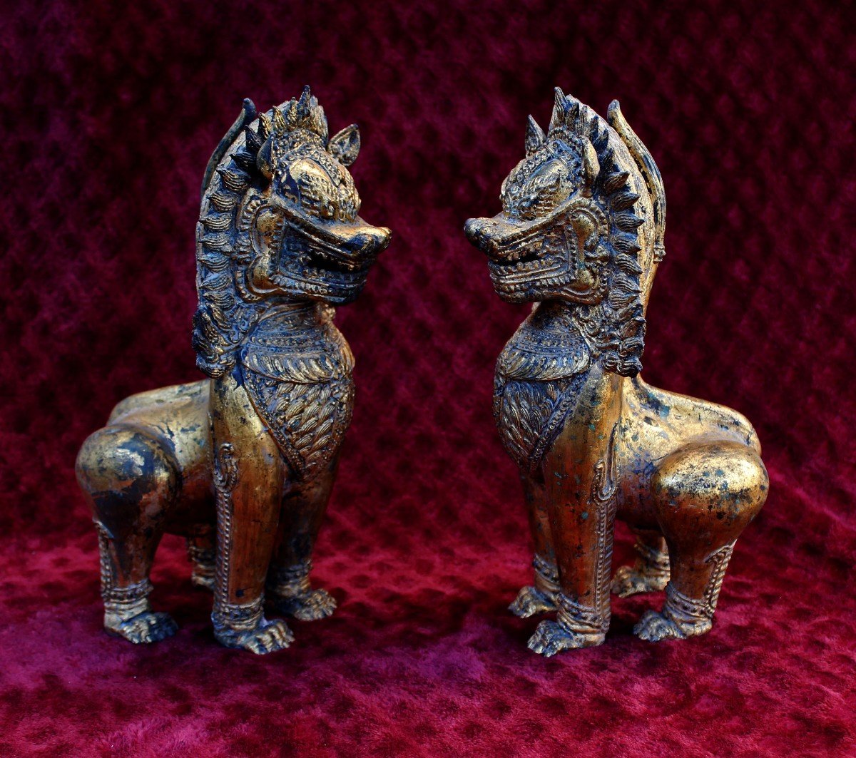 Paire De Lions Antiques En Bronze Thaïlandais Gardiens Du Temple Bouddhiste-photo-3