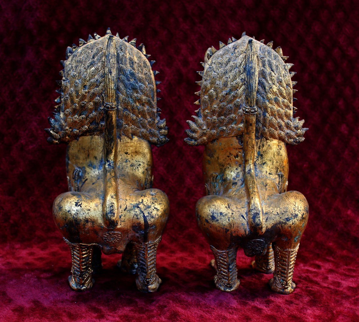 Paire De Lions Antiques En Bronze Thaïlandais Gardiens Du Temple Bouddhiste-photo-4