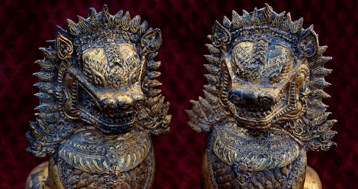 Paire De Lions Antiques En Bronze Thaïlandais Gardiens Du Temple Bouddhiste-photo-2
