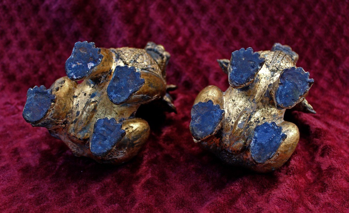 Paire De Lions Antiques En Bronze Thaïlandais Gardiens Du Temple Bouddhiste-photo-3