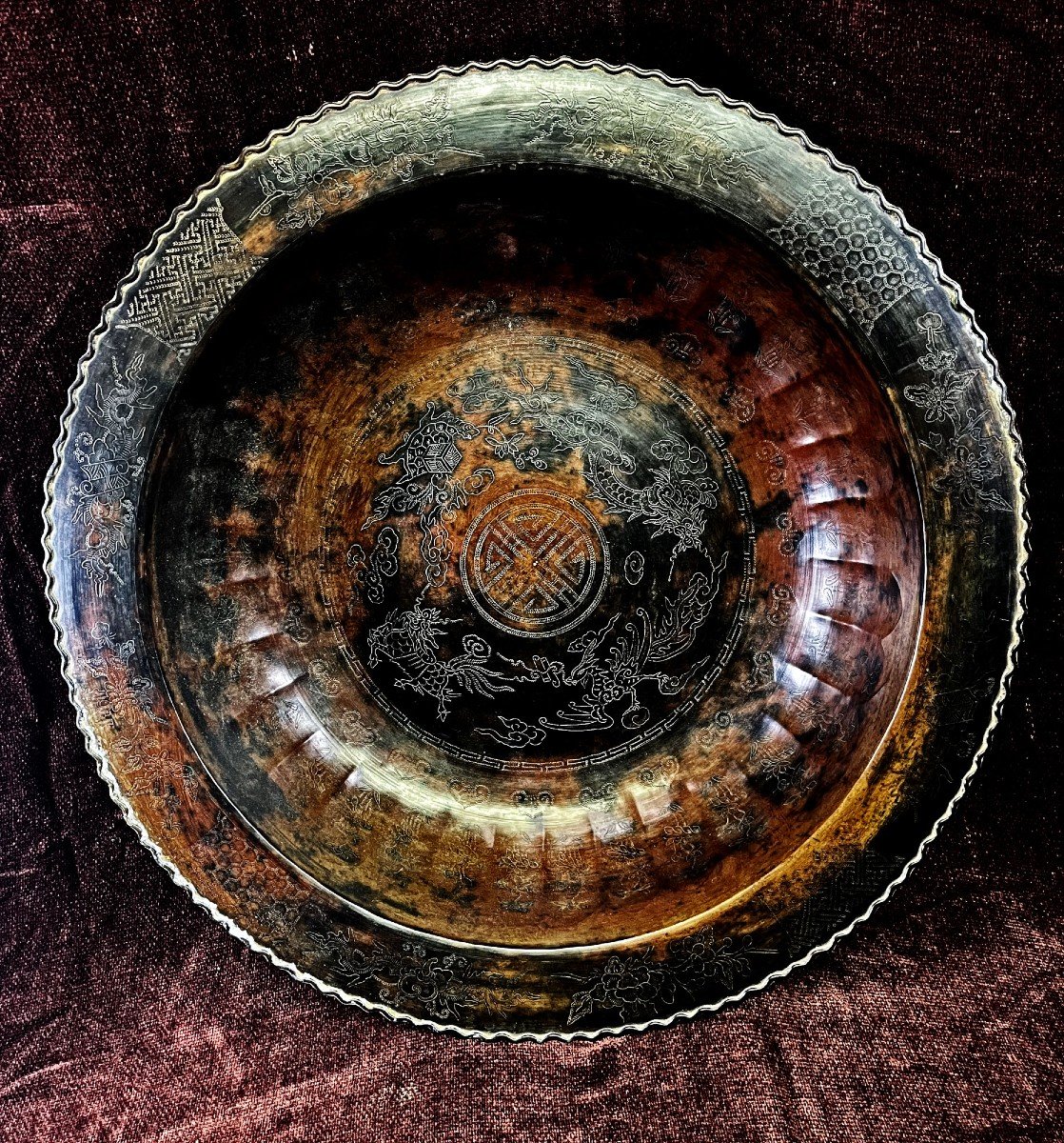 Large Antique Vietnamese Bronze Bowl Longevity Auspicious Buddhist Beasts
