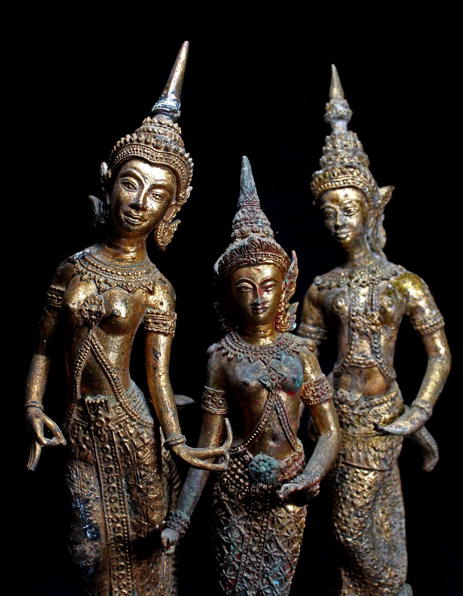Three Apsara - Beautiful Young Thai Buddhist Dancers In Gilt Bronze Rattanakosin -photo-2