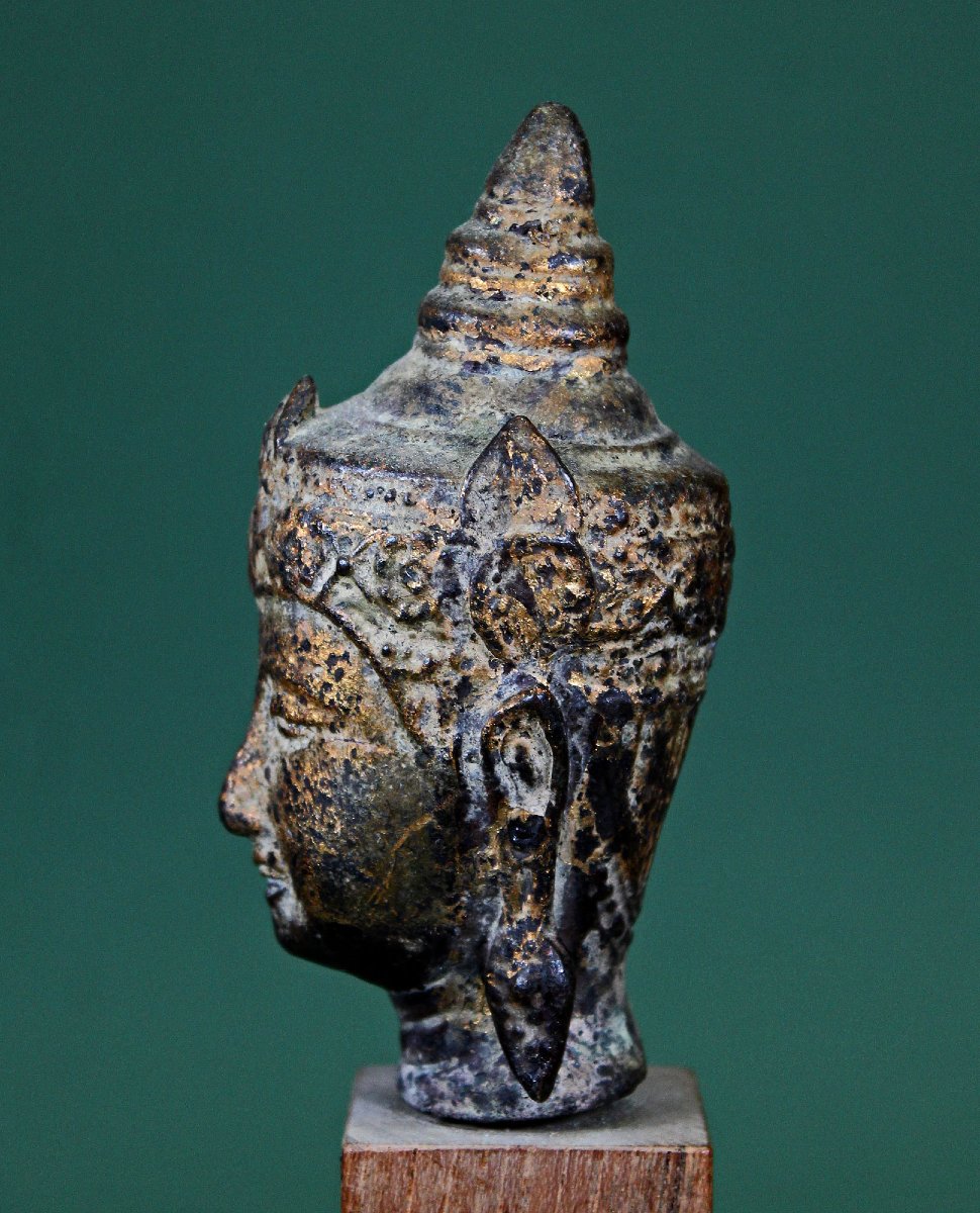 Petite Tête De Bouddha Couronnée Et Ornée De Bijoux, En Bronze Thaïlandais d'Ayutthaya XVIIéme-photo-4