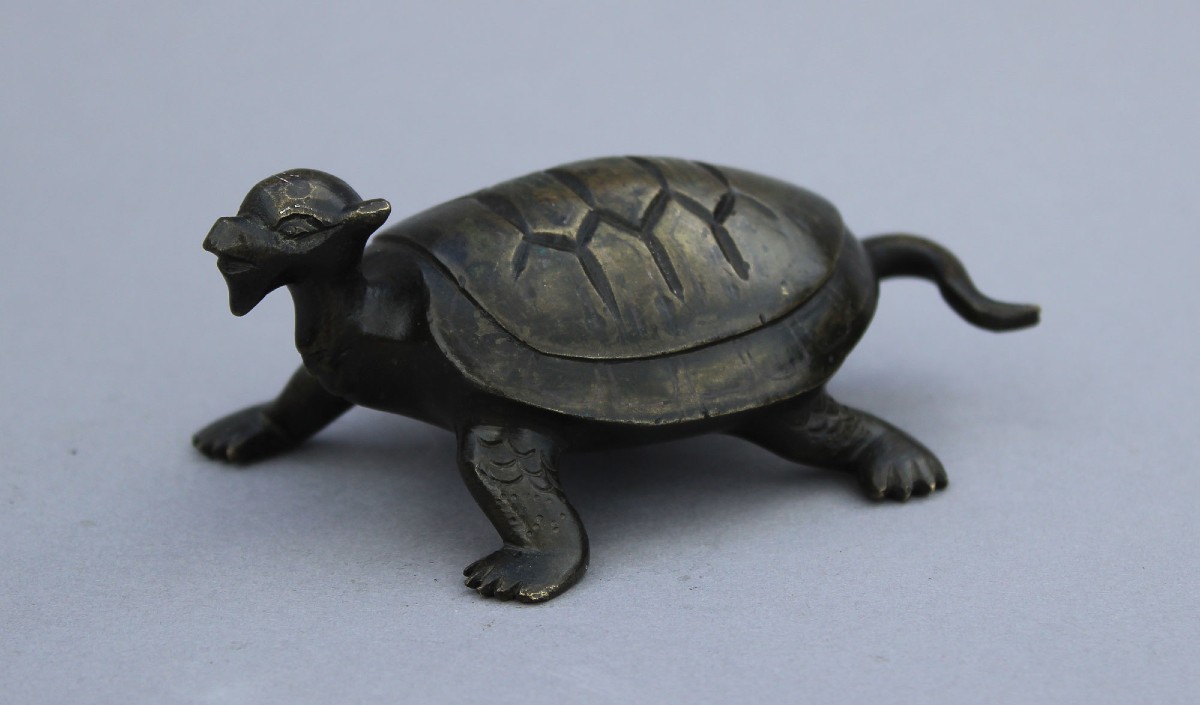 Minogame - Antique Japanese Silver-inlaid Bronze Turtle, Meiji Period, 1868-1912