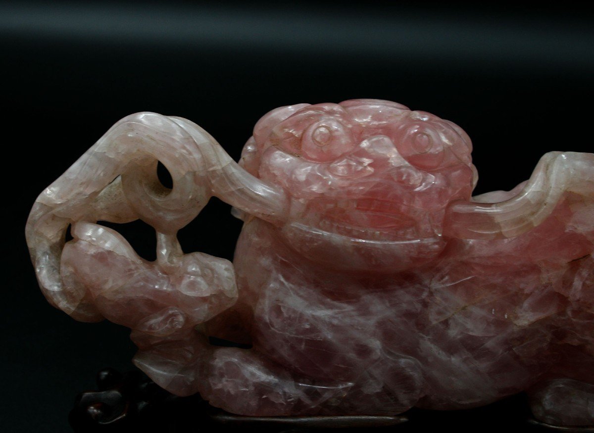 Pair Of Antique Chinese Carved Rose Quartz Imperial Guardian Lions - Fo Dogs-photo-2