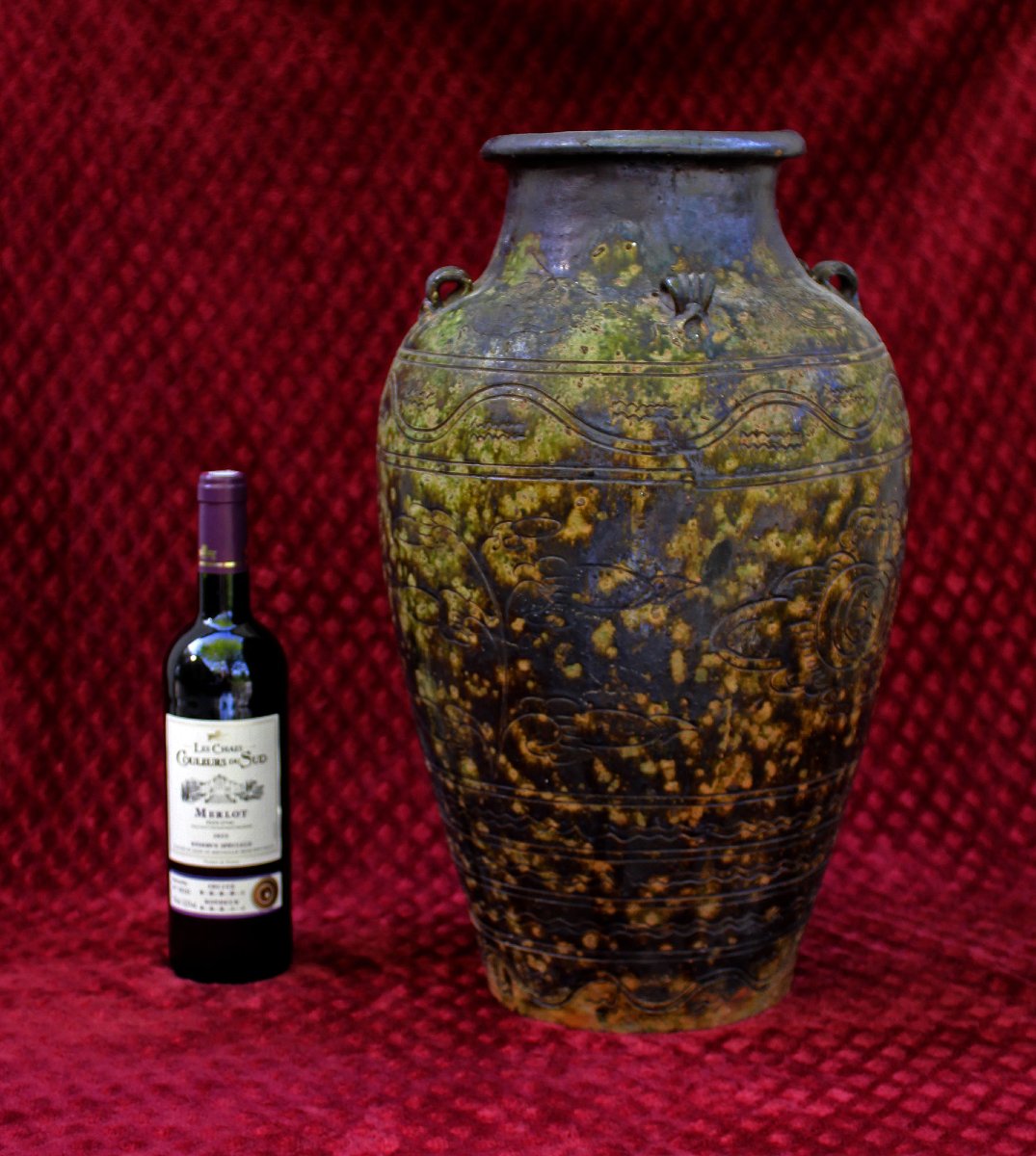 Très Grand Vase/pot De Rangement Antique Chinois En Poterie Martaban De 50 Cm.-photo-2