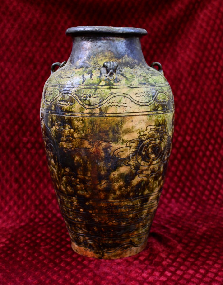 Très Grand Vase/pot De Rangement Antique Chinois En Poterie Martaban De 50 Cm.-photo-4