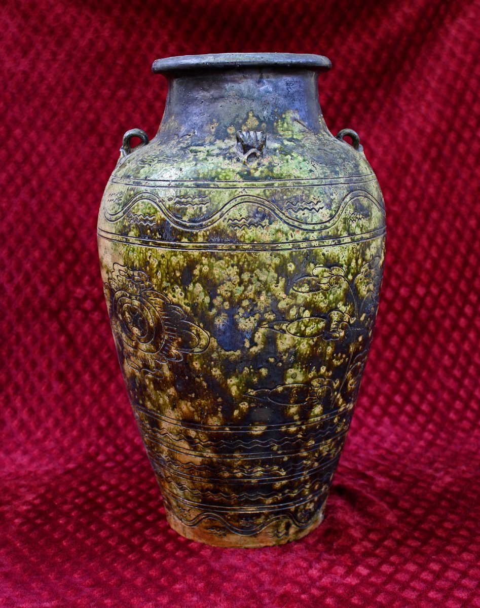 Très Grand Vase/pot De Rangement Antique Chinois En Poterie Martaban De 50 Cm.-photo-1