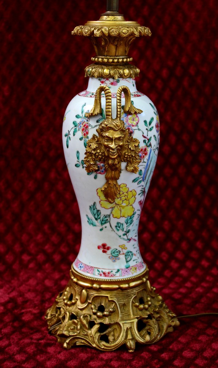 Antique Chinese Porcelain Lamp, Gilt Bronze Mounts Bacchus Masks, Qianlong, 18th Century-photo-2