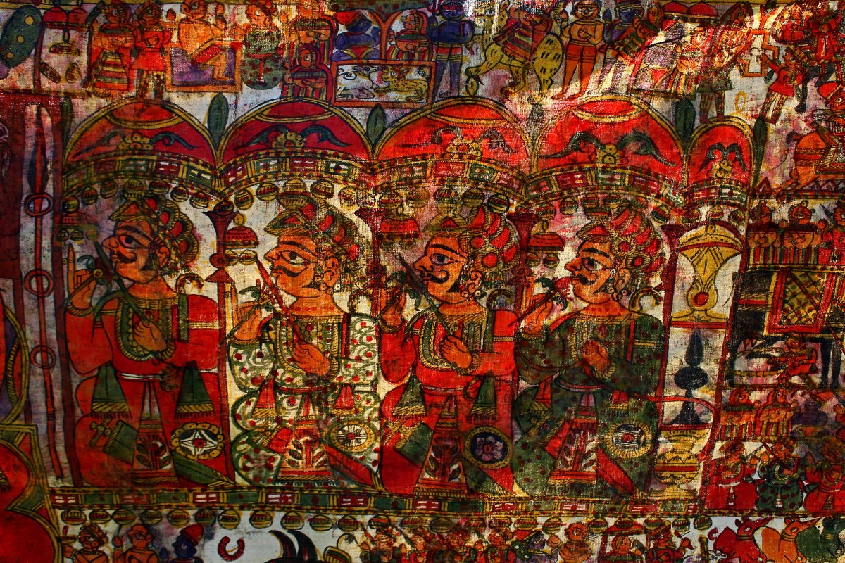 Grande Peinture Narrative Indienne Ancienne, Pabuji Ki Phad (140 X 450 Cm), Début Du XXe Siècle-photo-3
