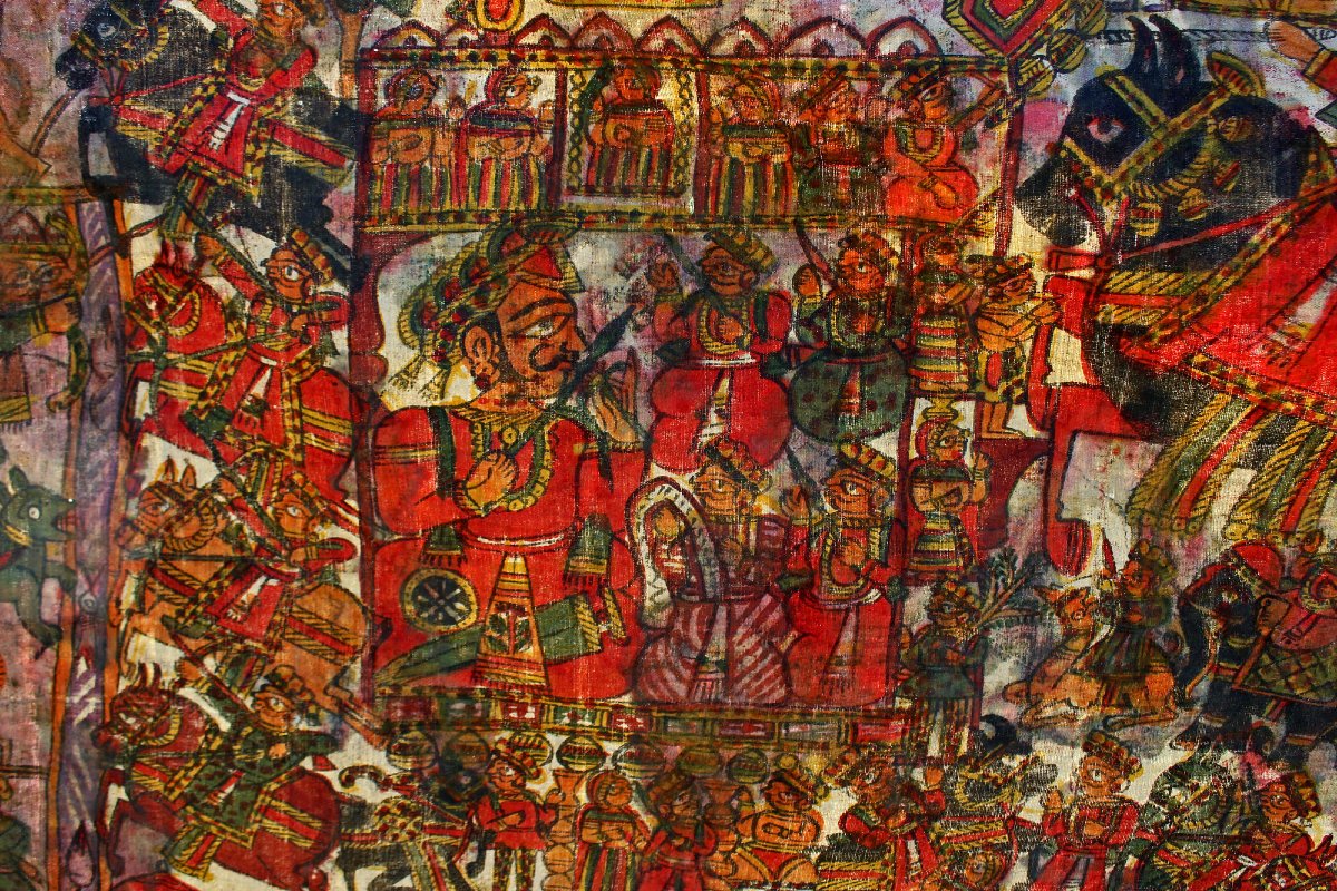 Grande Peinture Narrative Indienne Ancienne, Pabuji Ki Phad (140 X 450 Cm), Début Du XXe Siècle-photo-4