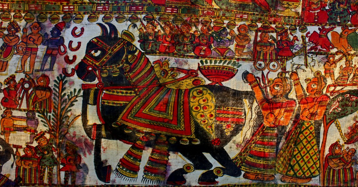 Grande Peinture Narrative Indienne Ancienne, Pabuji Ki Phad (140 X 450 Cm), Début Du XXe Siècle-photo-7