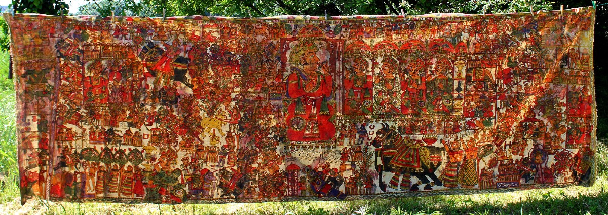 Grande Peinture Narrative Indienne Ancienne, Pabuji Ki Phad (140 X 450 Cm), Début Du XXe Siècle