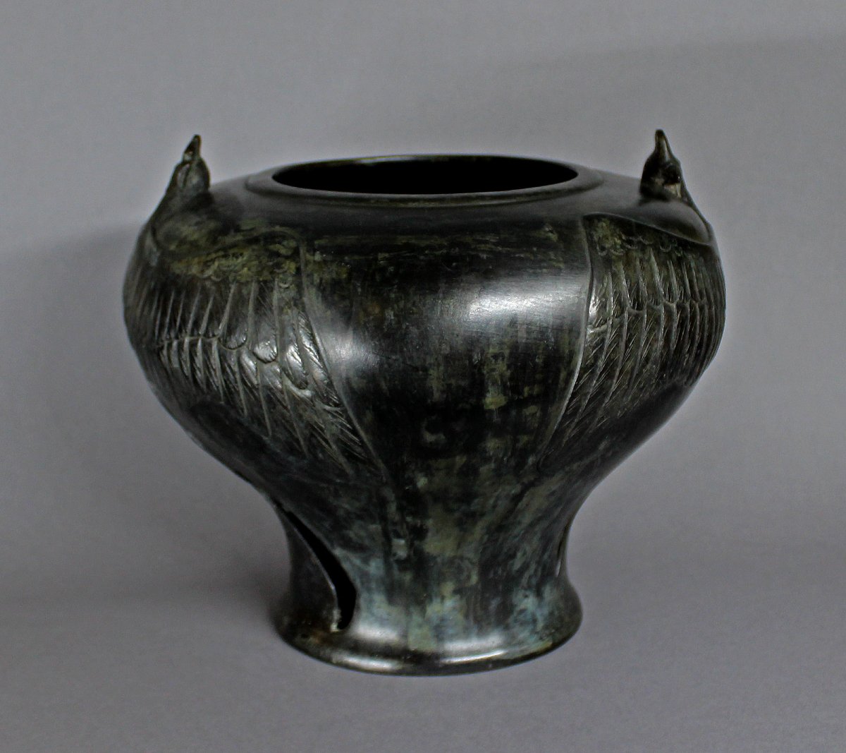 Antique Japanese Bronze Planter Jardiniere Chickens Roosters Ikebana-photo-2