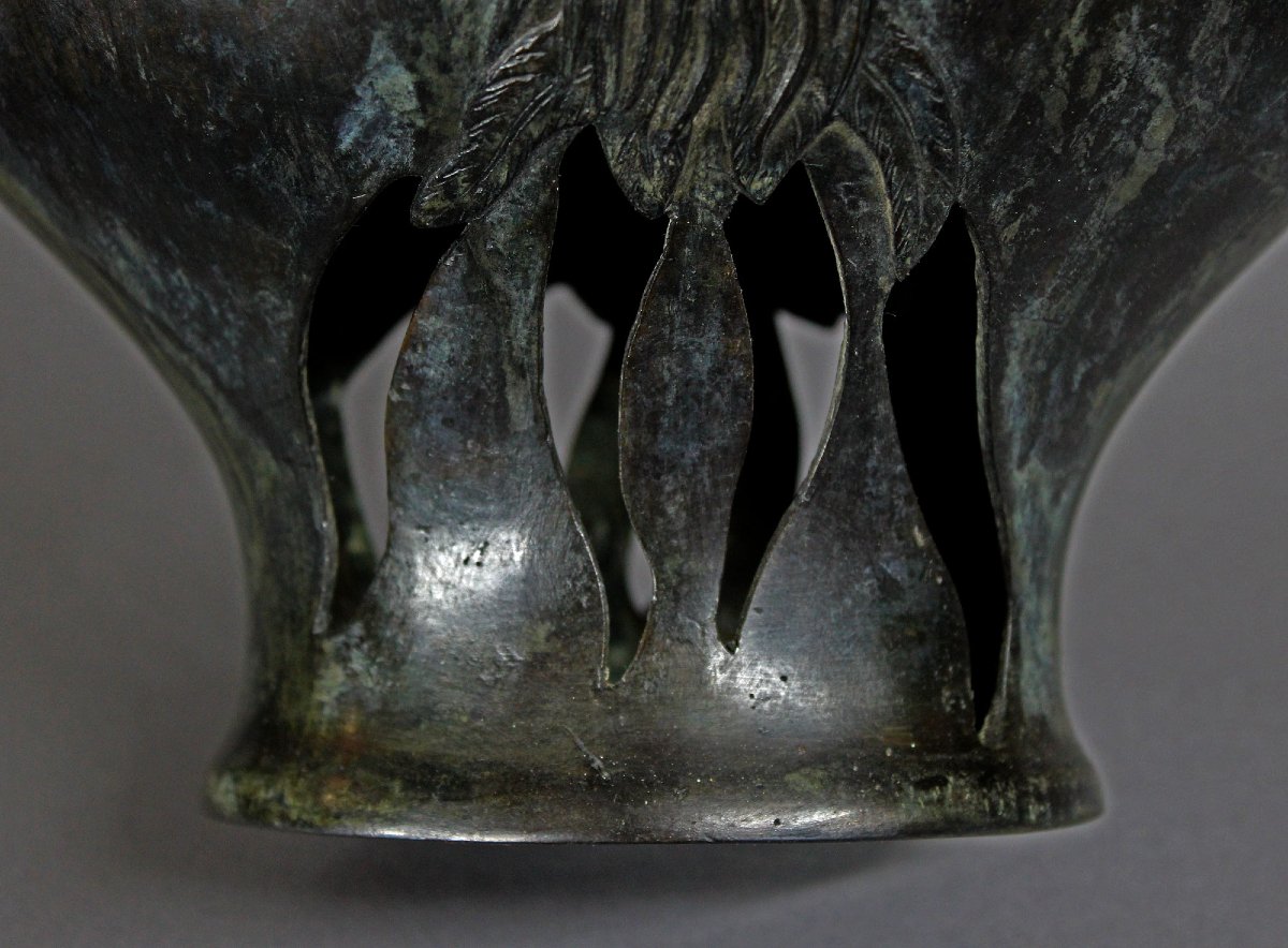 Antique Japanese Bronze Planter Jardiniere Chickens Roosters Ikebana-photo-2