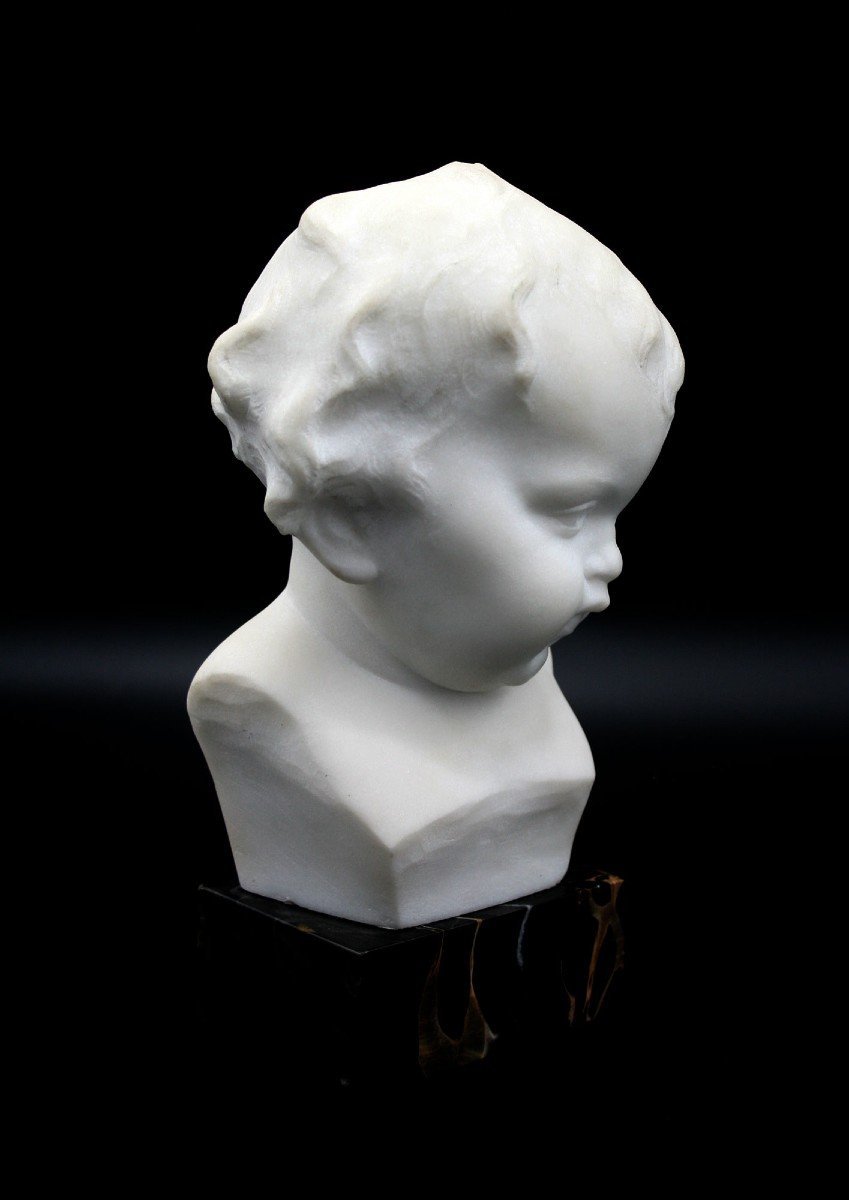 Ancien Buste En Marbre Carrare Italien Mignon Bébé Signé-photo-1