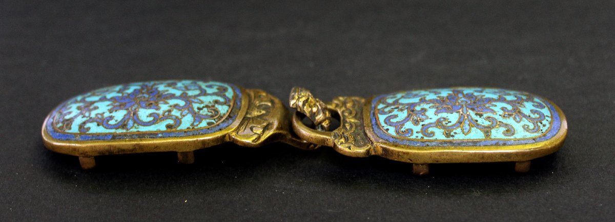 Boucle De Ceinture Cloisonnée Chinoise En Bronze Doré Ming / Début Qing-photo-3