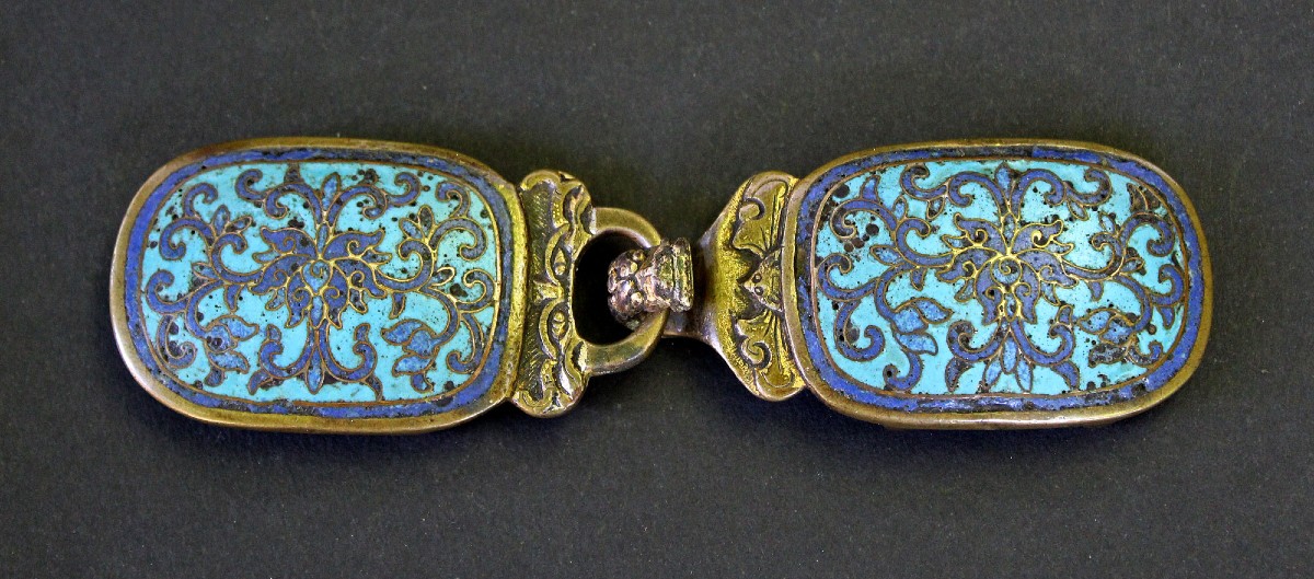 Boucle De Ceinture Cloisonnée Chinoise En Bronze Doré Ming / Début Qing