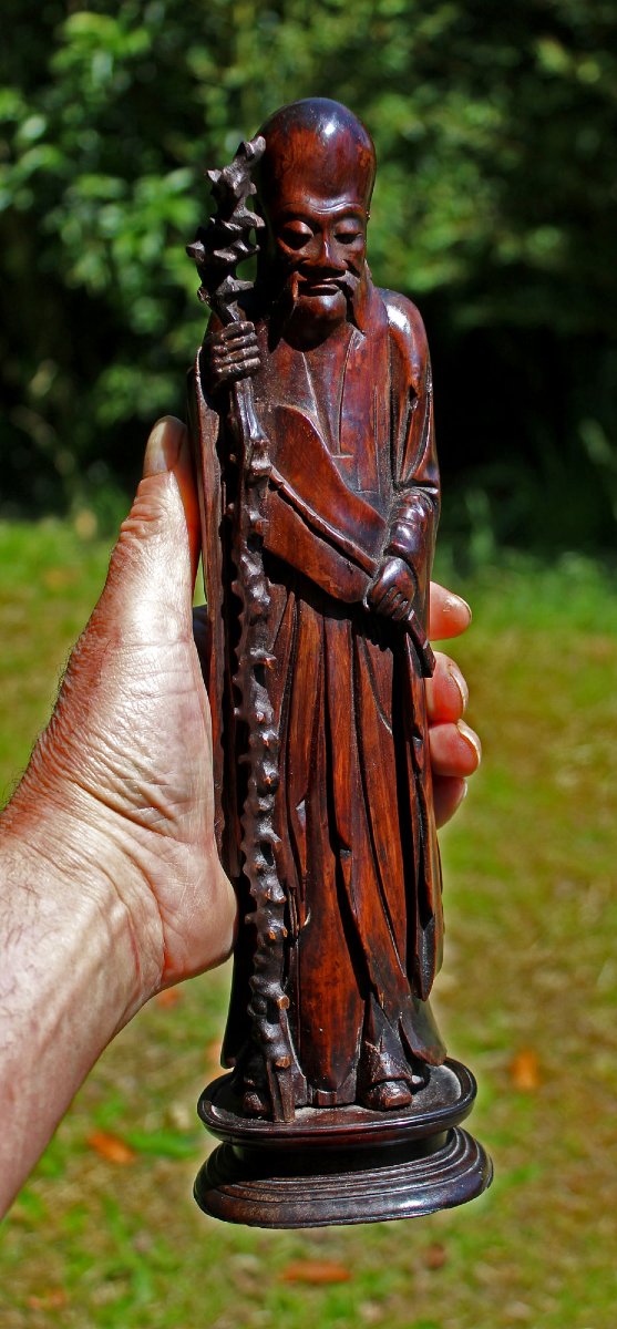 Ancienne Figure Chinoise Shoulao Bois Sculpté Dynastie Ming  XVIIe Siècle.-photo-1