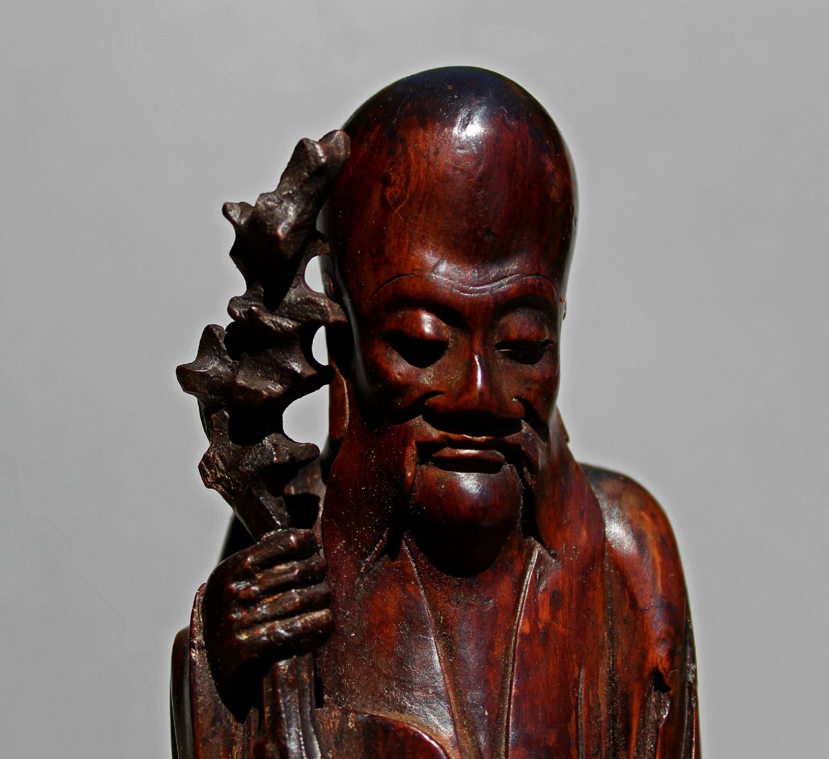 Ancienne Figure Chinoise Shoulao Bois Sculpté Dynastie Ming  XVIIe Siècle.-photo-2