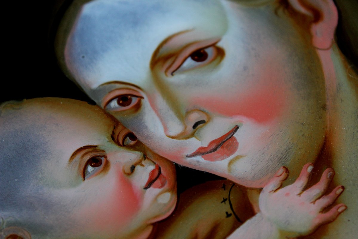 Tableau Ancien En Verre églomisé Vierge à l'Enfant-photo-3